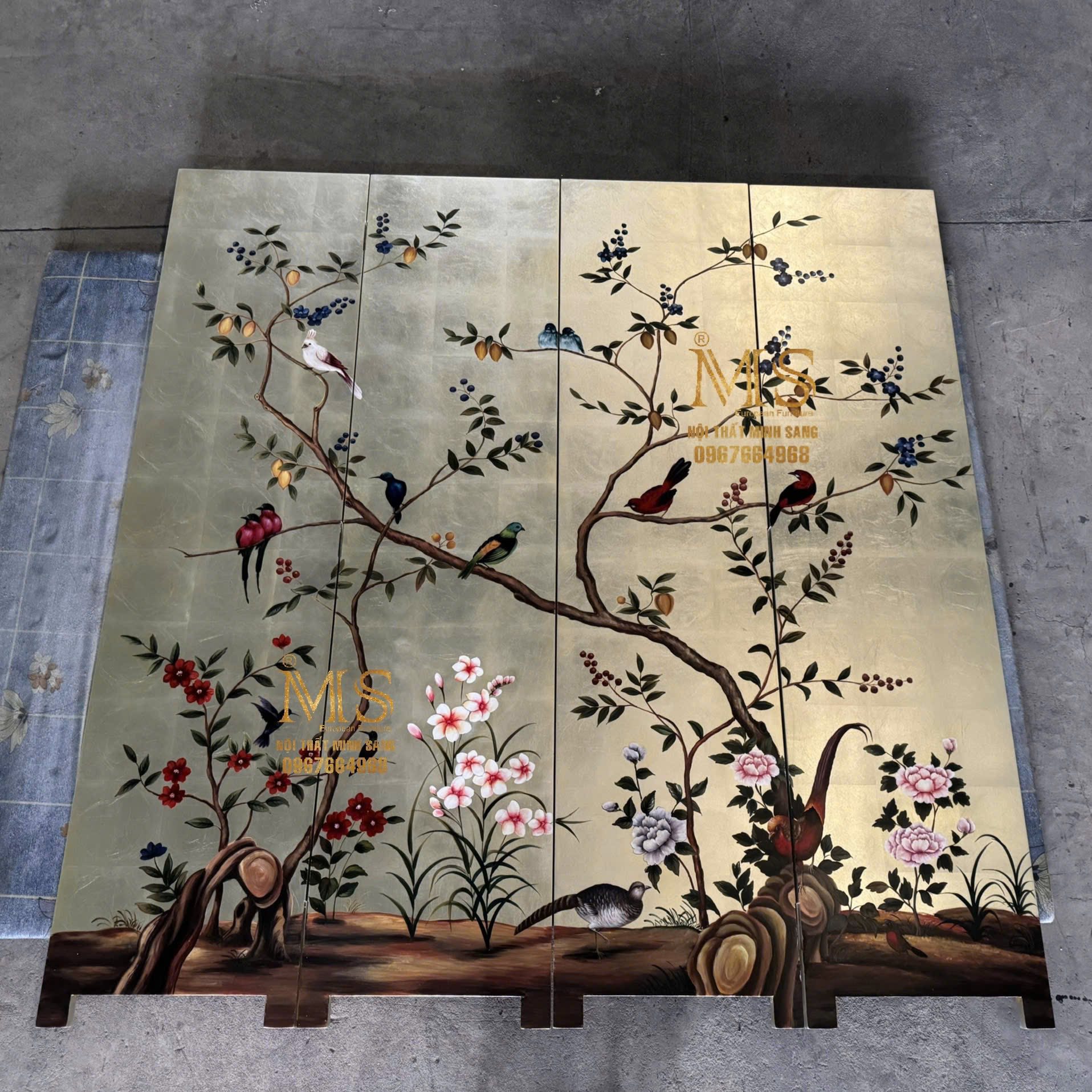 Bình phong bách điểu hoa xuân vẽ tay nghệ thuật 4 tấm