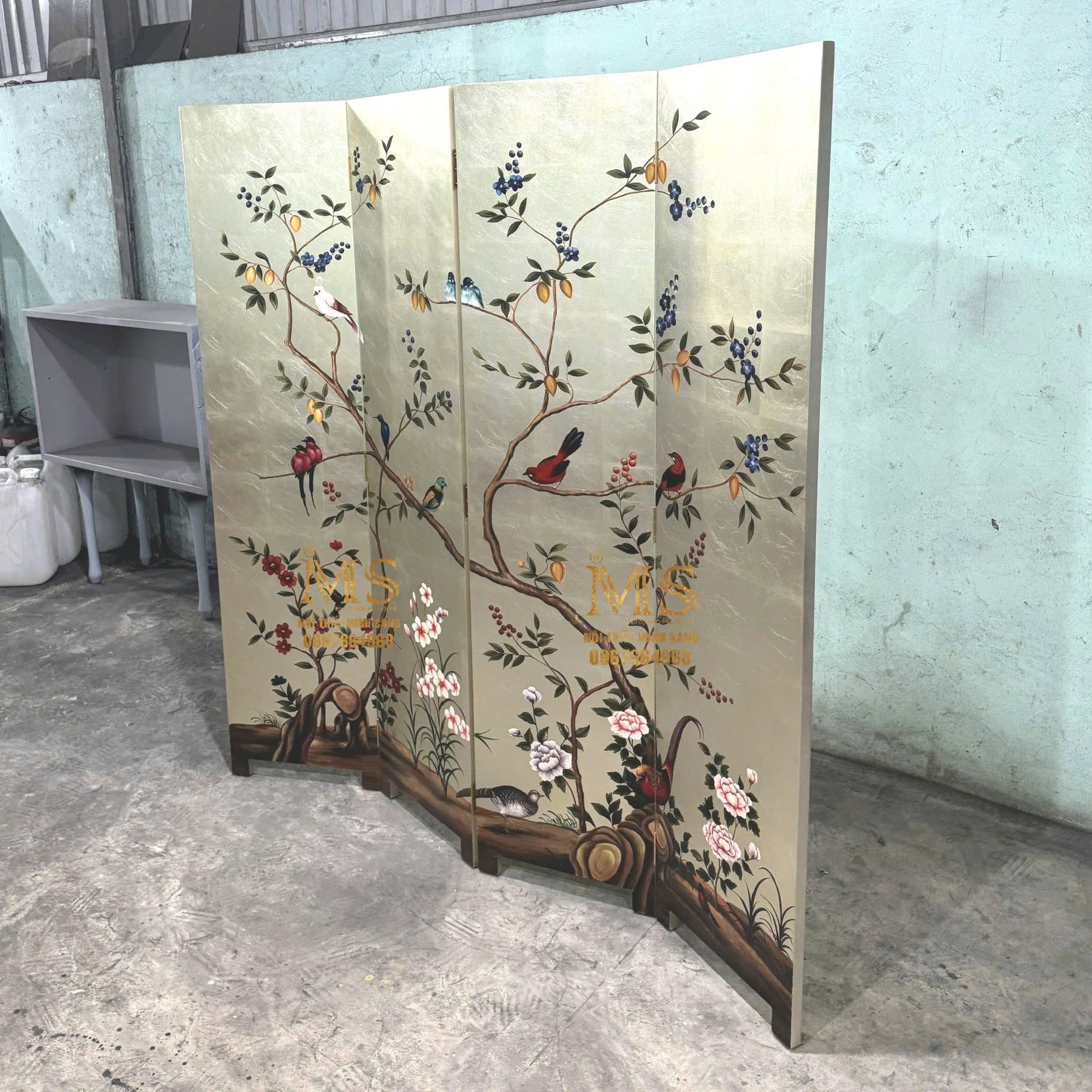 Bình phong 4 tấm vẽ chim và hoa mùa xuân sang trọng
