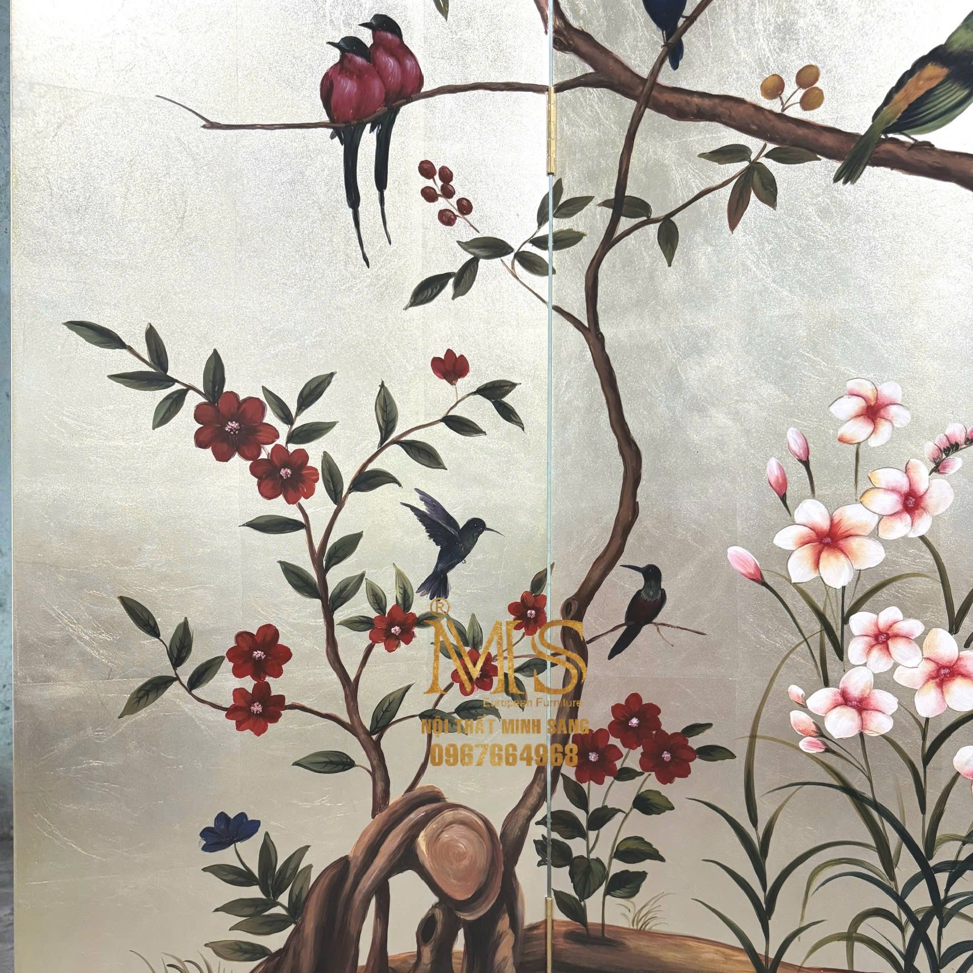Bình phong 4 tấm họa tiết chim hoa xuân truyền thống