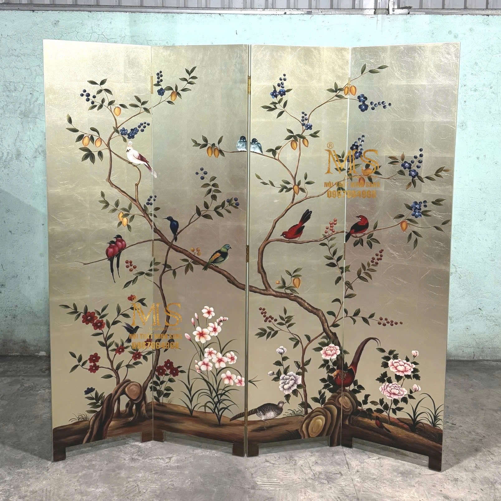 Bình phong 4 tấm bách điểu hoa xuân – Nội thất Minh Sang