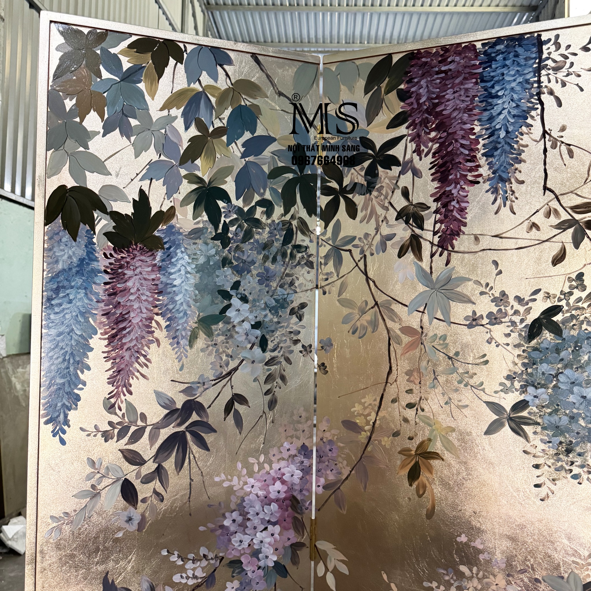 Thiết kế bình phong dát bạc vẽ hoa tử đằng nghệ thuật