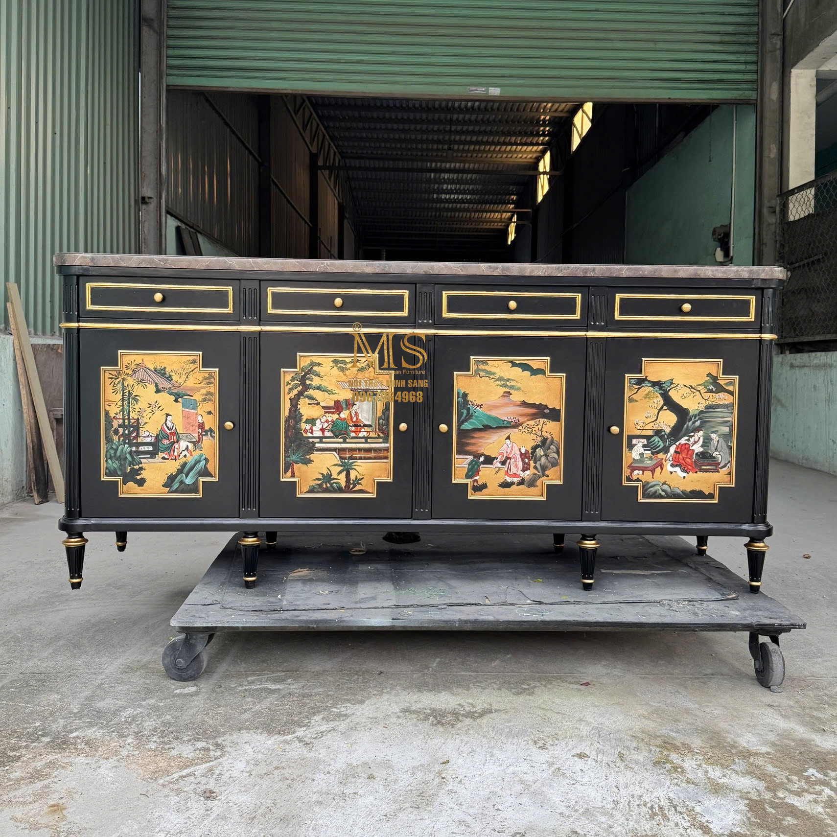 Tủ trang trí chinoiserie màu đen dát vàng sang trọng