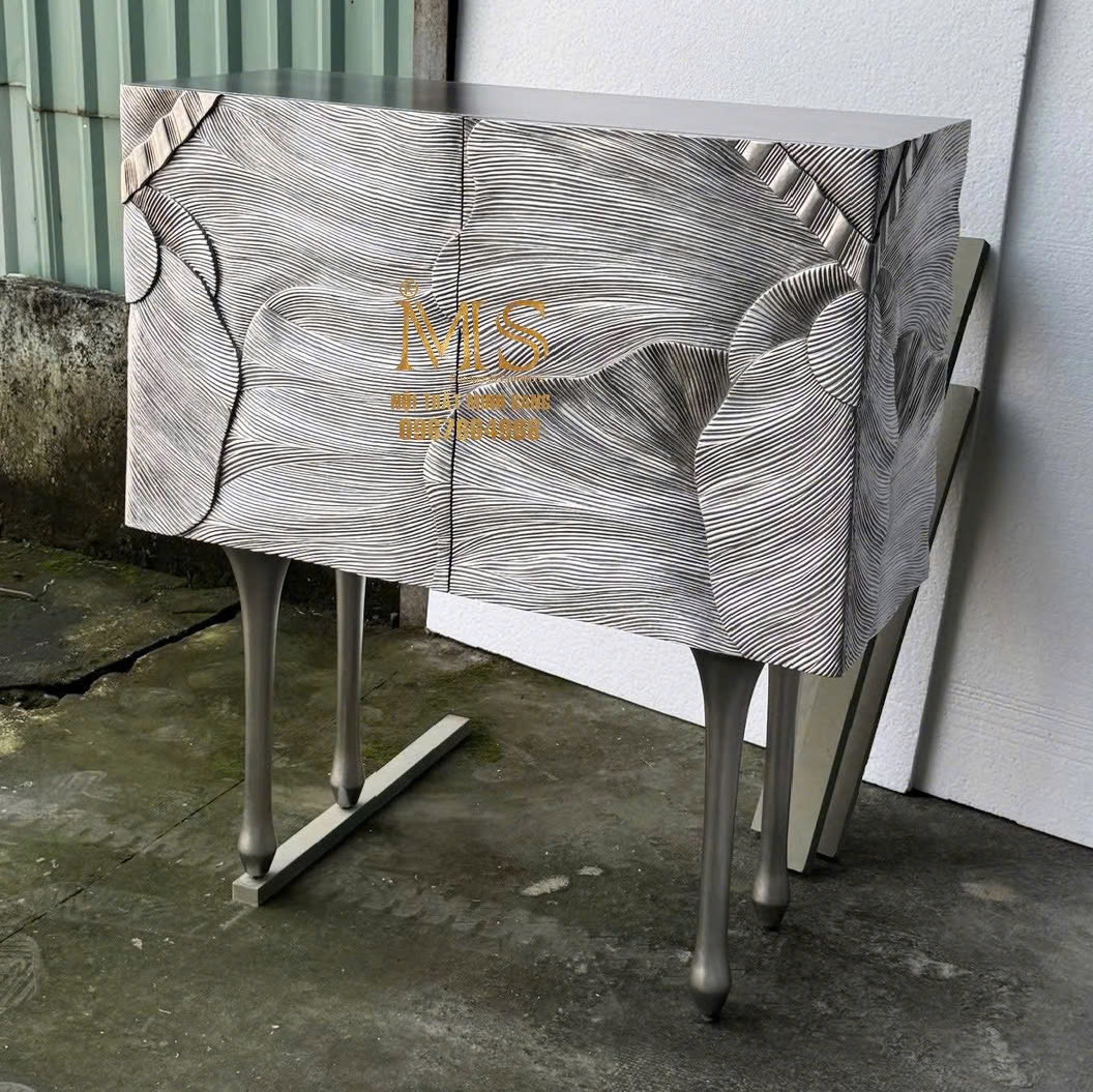 Console tủ trang trí chạm nổi họa tiết lá dát bạc cao cấp – Nội thất Minh Sang