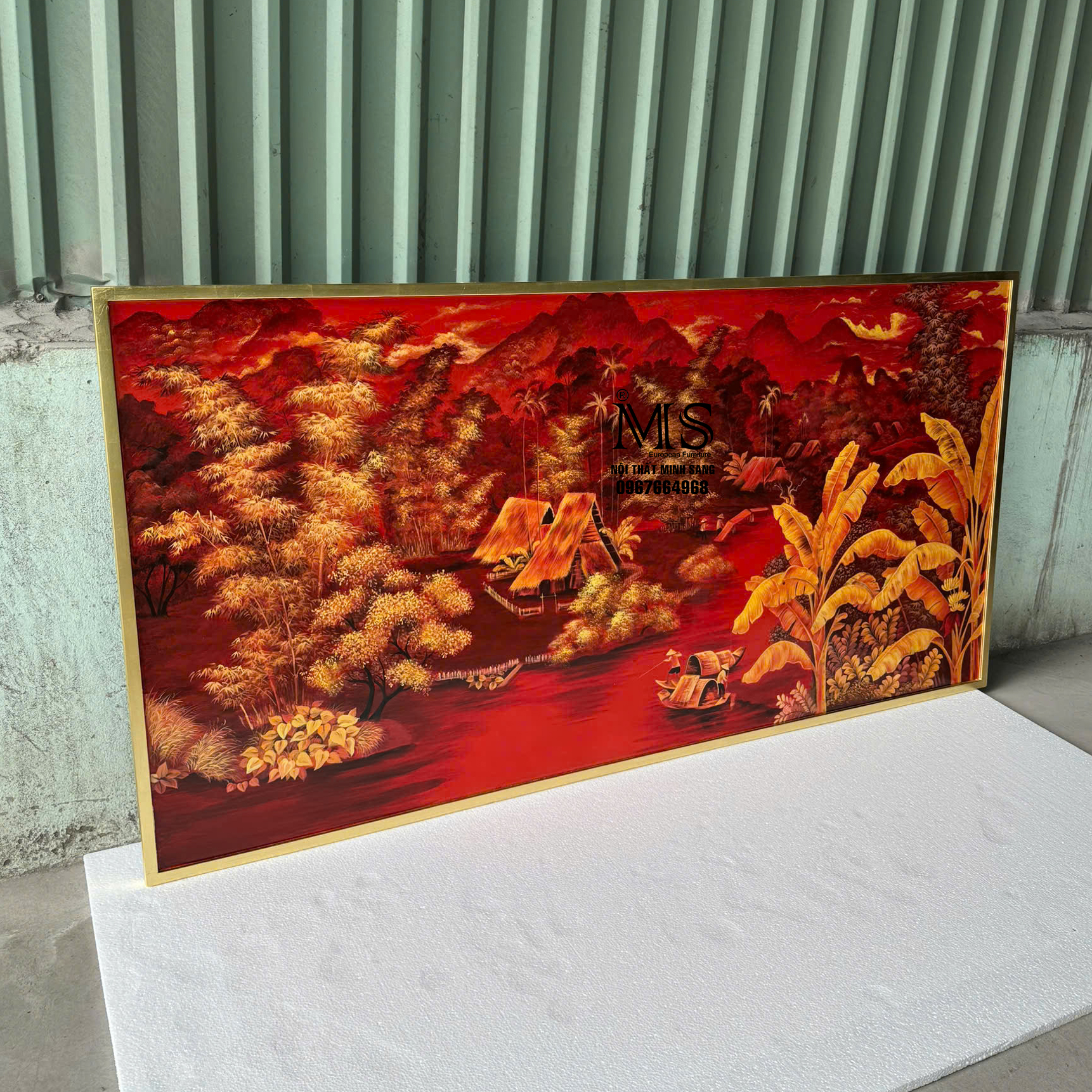 Tranh phòng làm việc hoặc sảnh ra vào với nền đỏ rực rỡ và cảnh làng quê