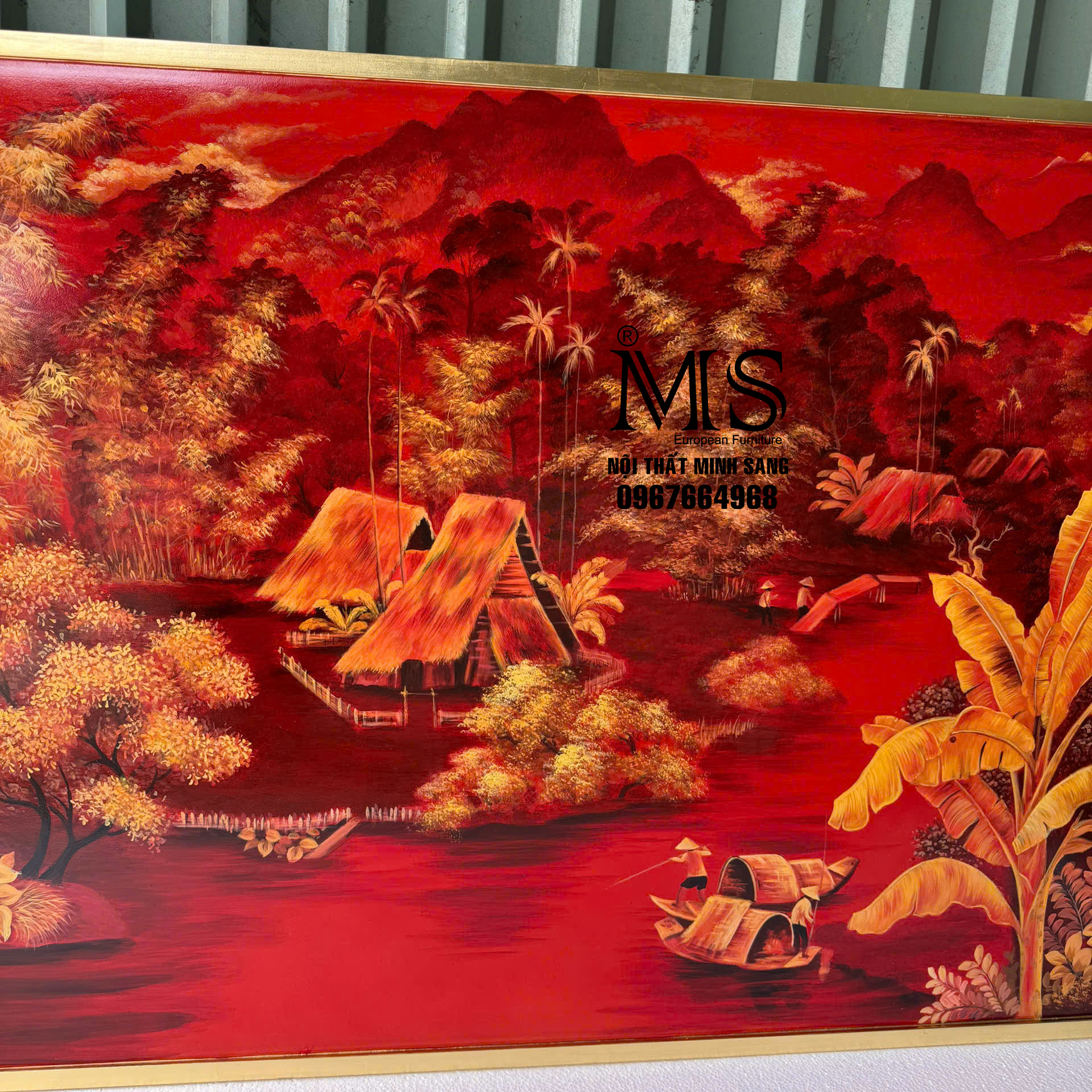 Tranh sơn mài nền đỏ cao cấp, kỹ thuật vẽ thủ công tinh tế