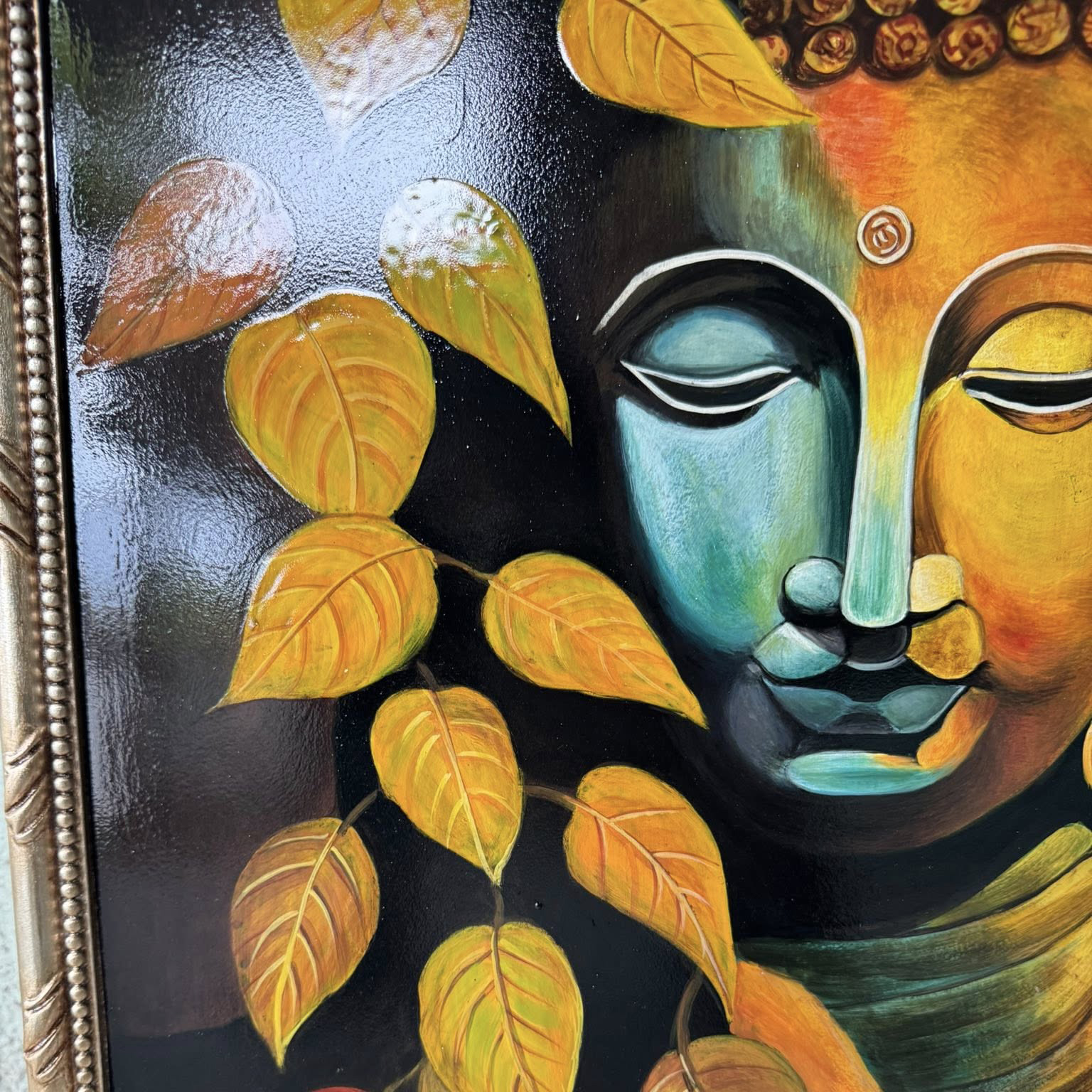 Tranh Phật treo phòng thờ vẽ trên nền lá đồng sang trọng