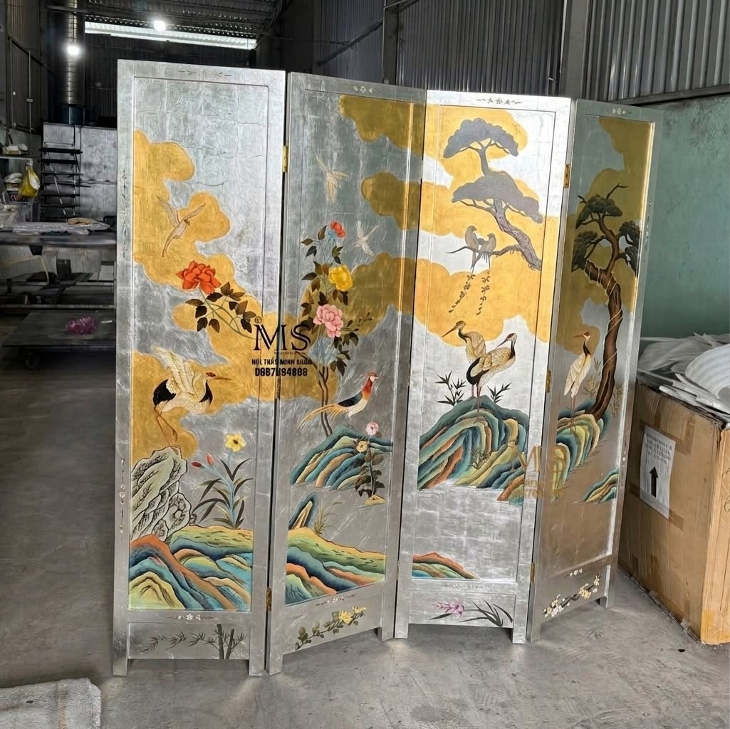 Bình phong tùng hạc 4 tấm dát vàng dát bạc
