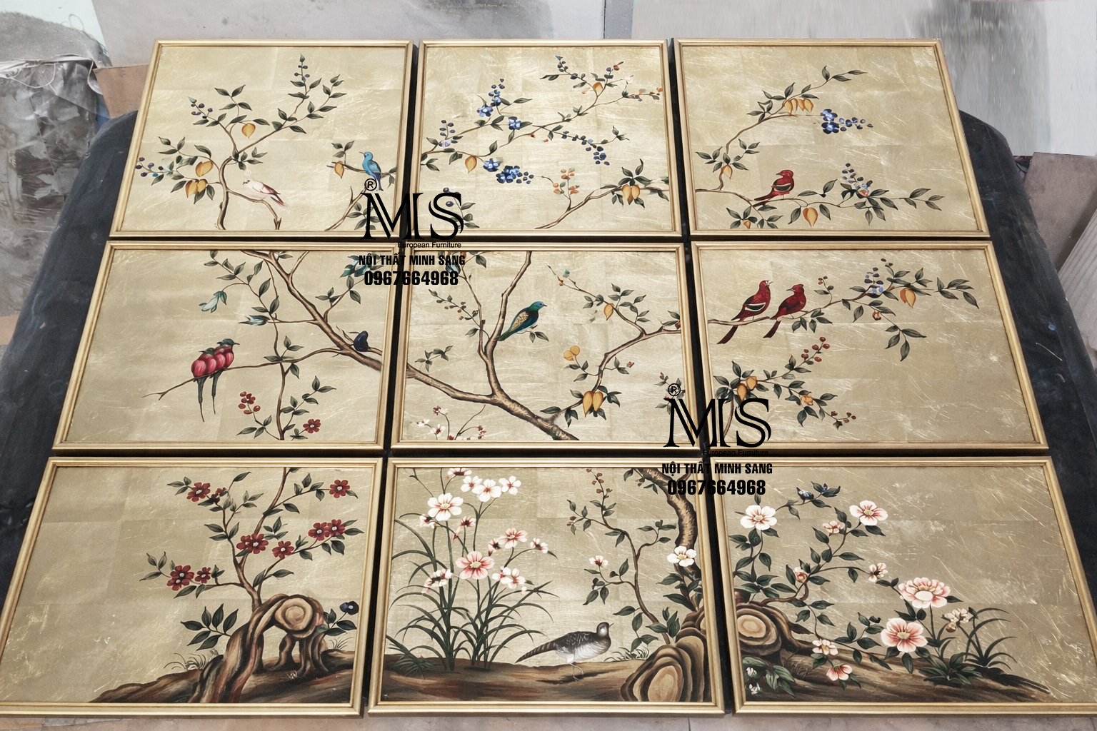 Bộ 9 tấm vẽ ngược cành cây chim chóc nền bạc champagne cao cấp