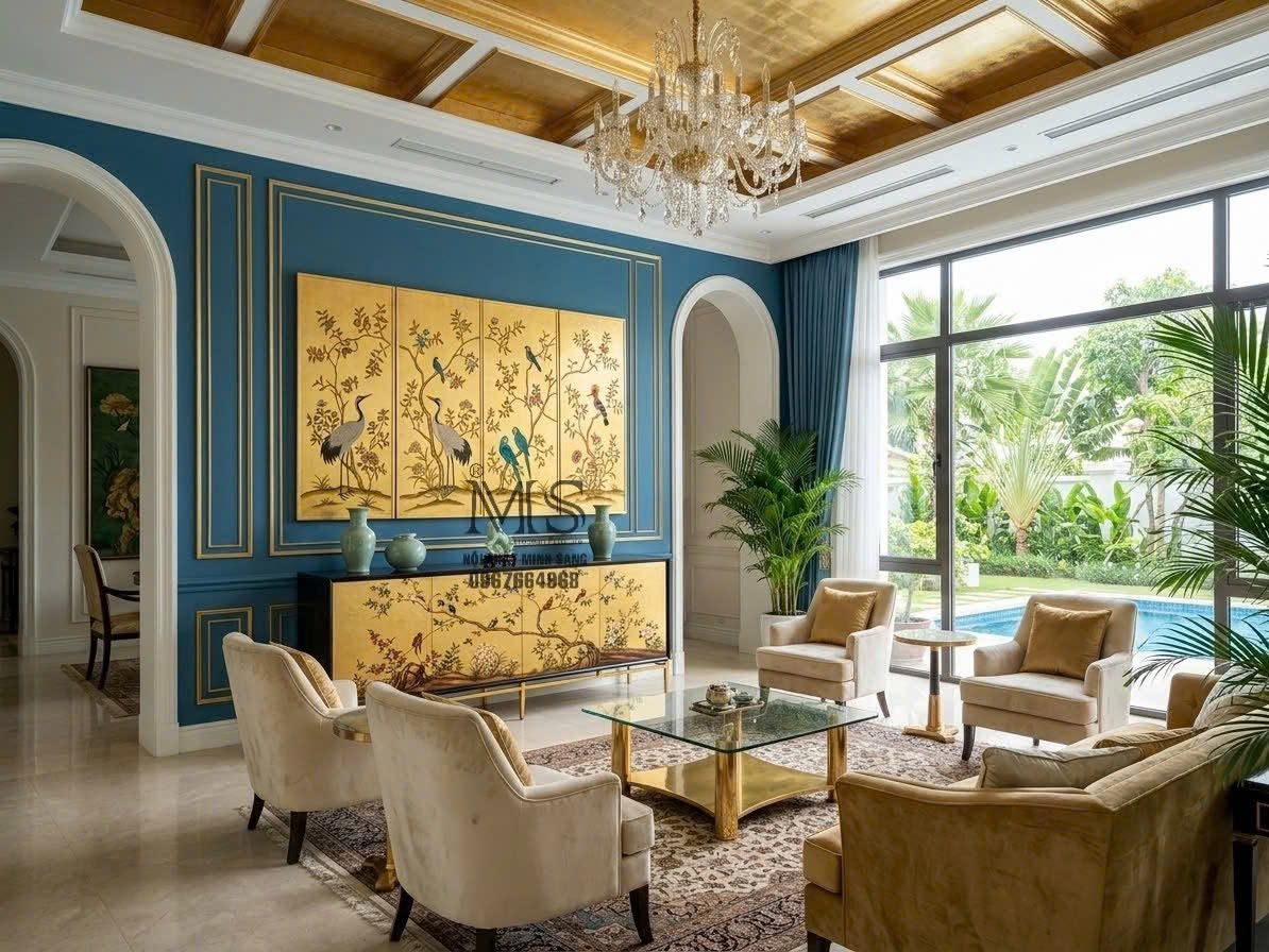 Tranh sơn mài nghệ thuật nền dát lá đồng dành cho phòng khách biệt thự