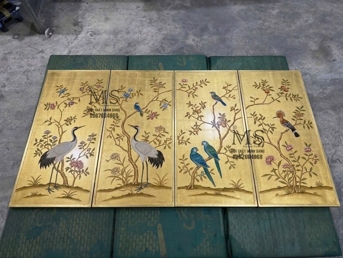 Bộ tranh 4 tấm vẽ thủ công sơn mài công nghiệp trên nền dát lá đồng cao cấp