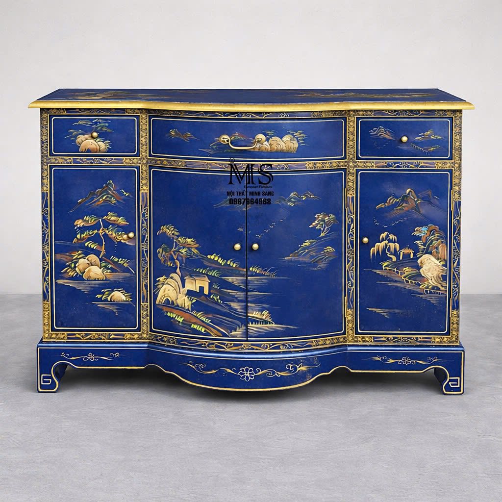 tủ gỗ vẽ tranh thủy mạc màu xanh dương nghệ thuật