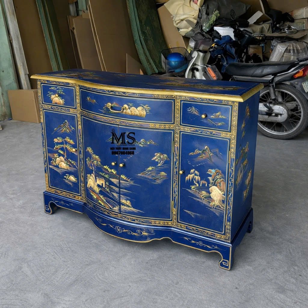 tủ thờ vẽ 4 mặt tranh thủy mạc nền xanh dương cao cấp