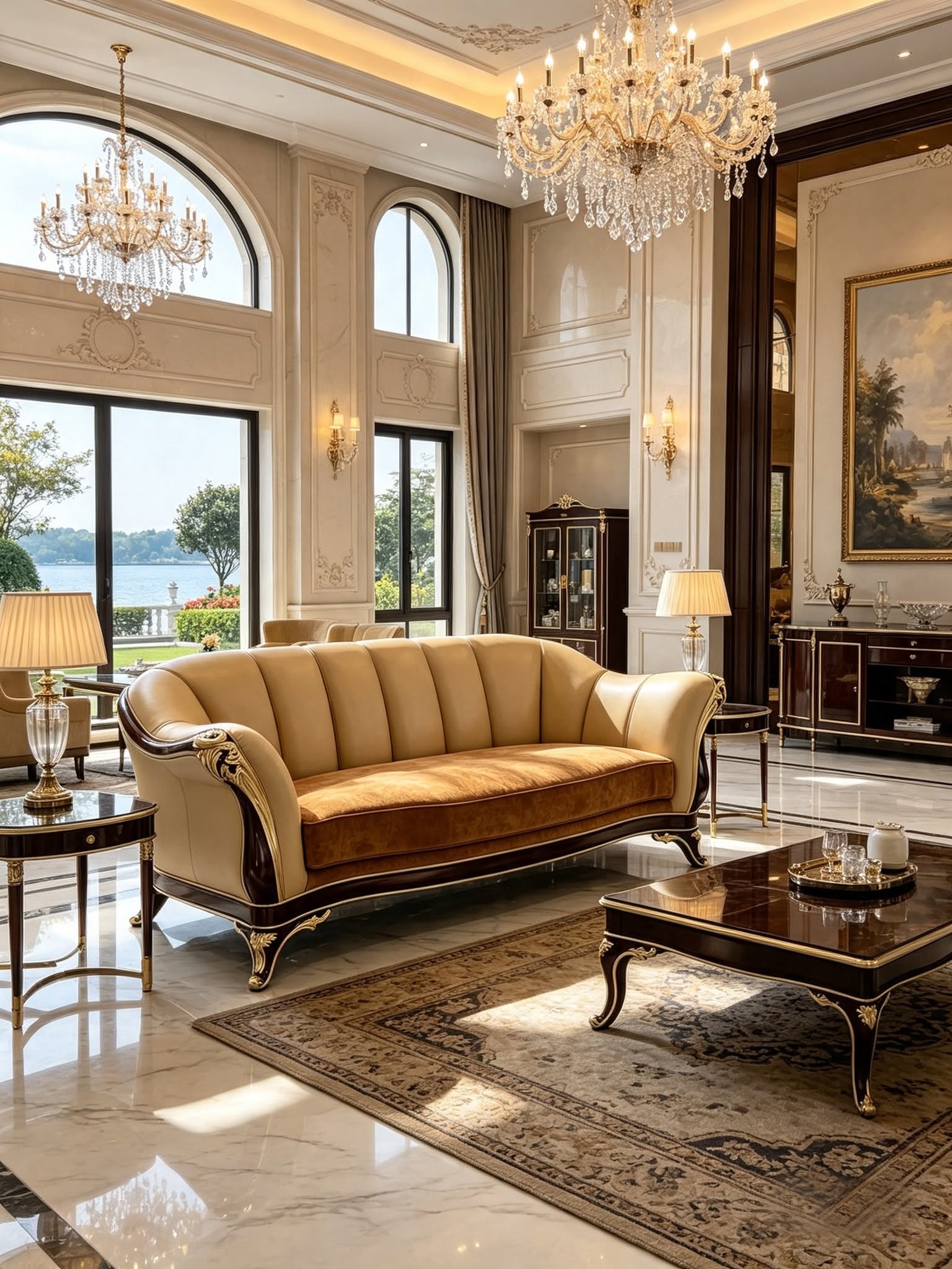Sofa chạm trổ dát vàng kết hợp màu gỗ tự nhiên