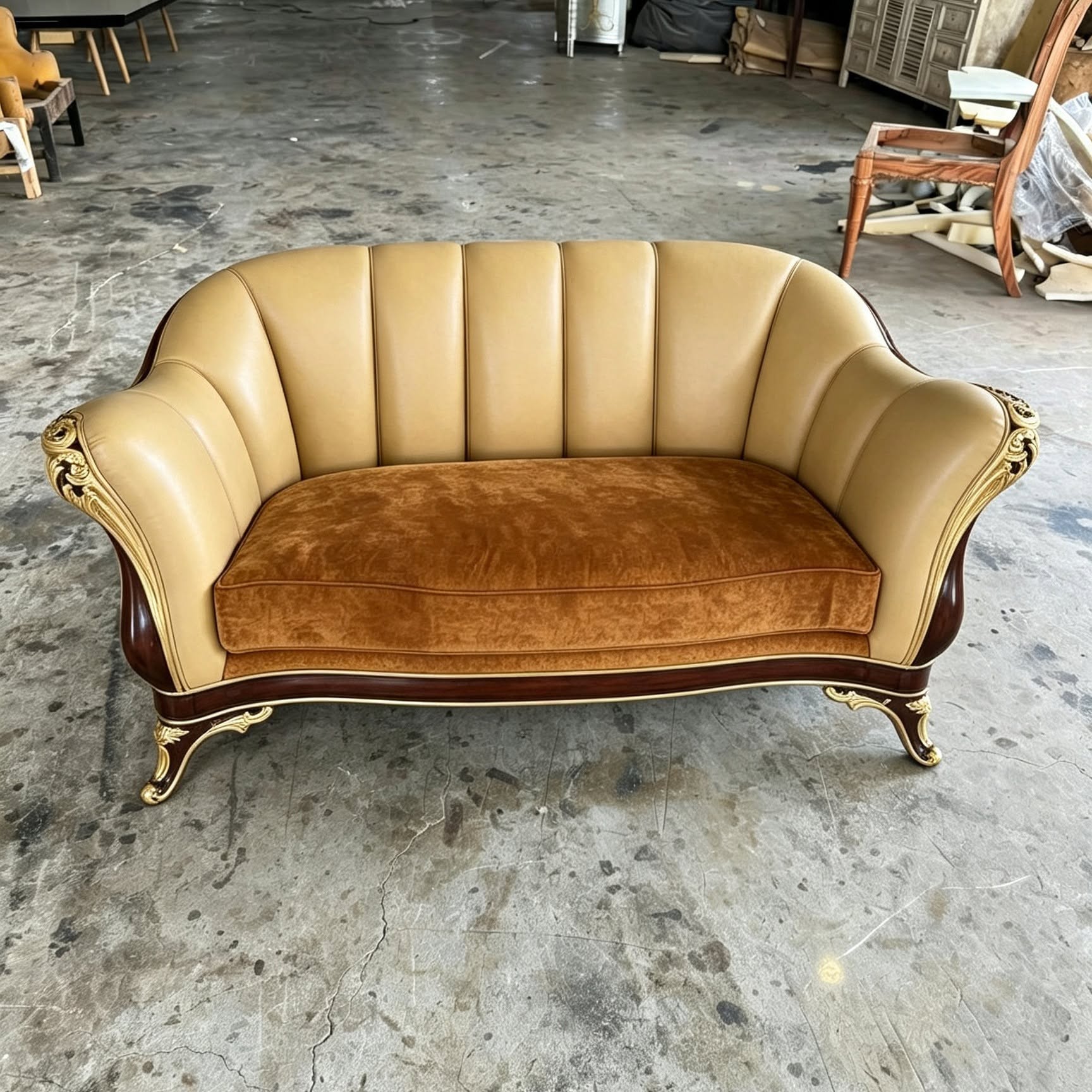 Ghế sofa 3 chỗ chạm trổ dát vàng bọc da bò Ý – Nội thất Minh Sang