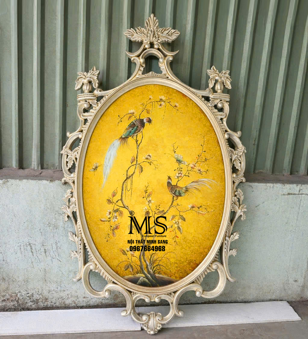 Khung tranh gương vẽ ngược nền vàng ngọc bích cao cấp