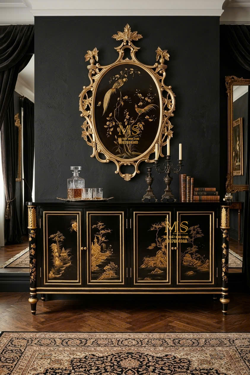 Khung tranh ovan dát vàng vẽ ngược kiếng nền đen cao cấp