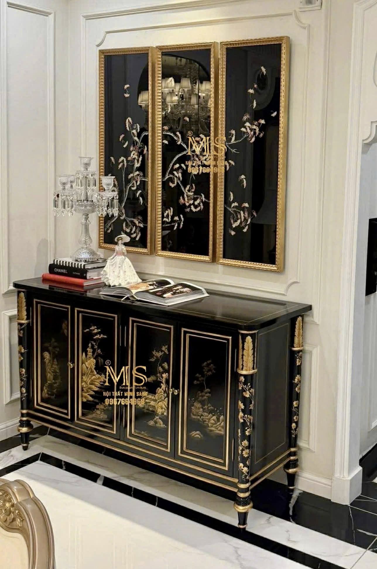 Tranh 3 tấm vẽ ngược kiếng nền đen dát lá đồng cho phòng khách cao cấp
