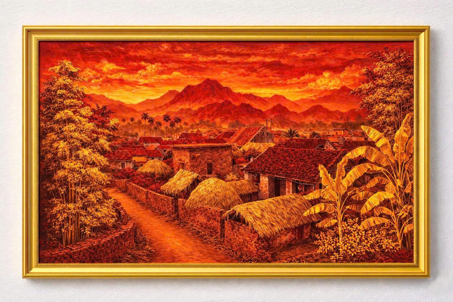 tranh bình minh ở xóm nghèo sơn mài đỏ khung dát vàng