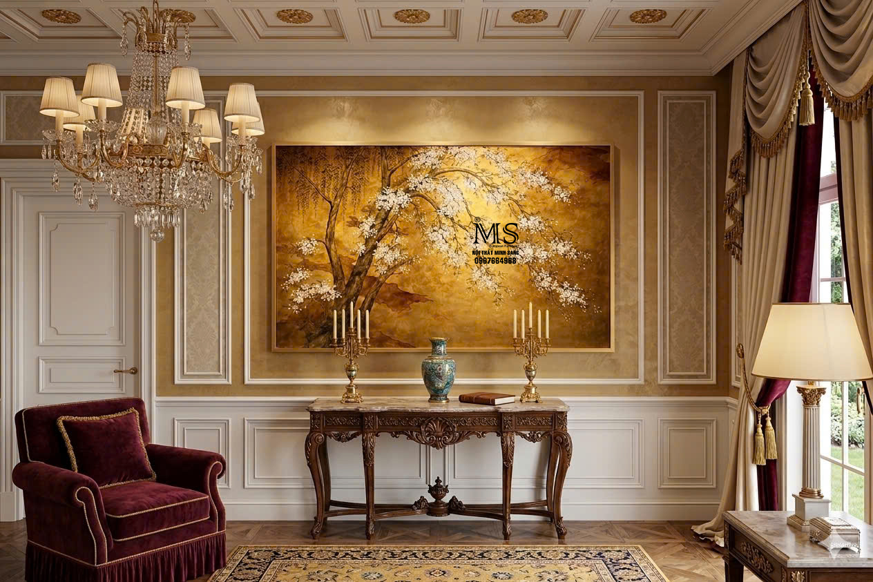 Tranh phong cảnh hoa đào và cây tùng nghệ thuật