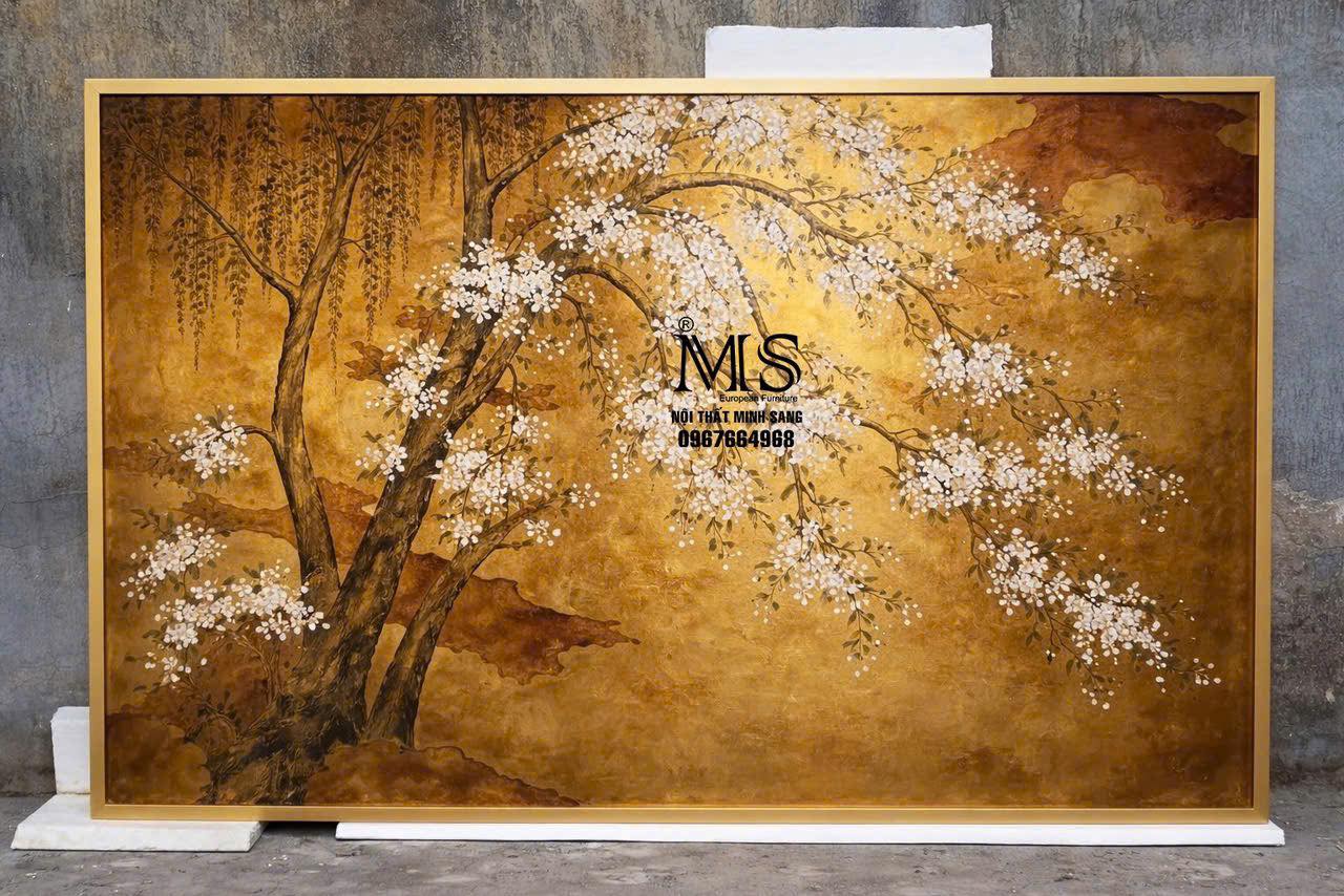 Tranh hoa đào cây tùng ẩn trong sương sớm cao cấp