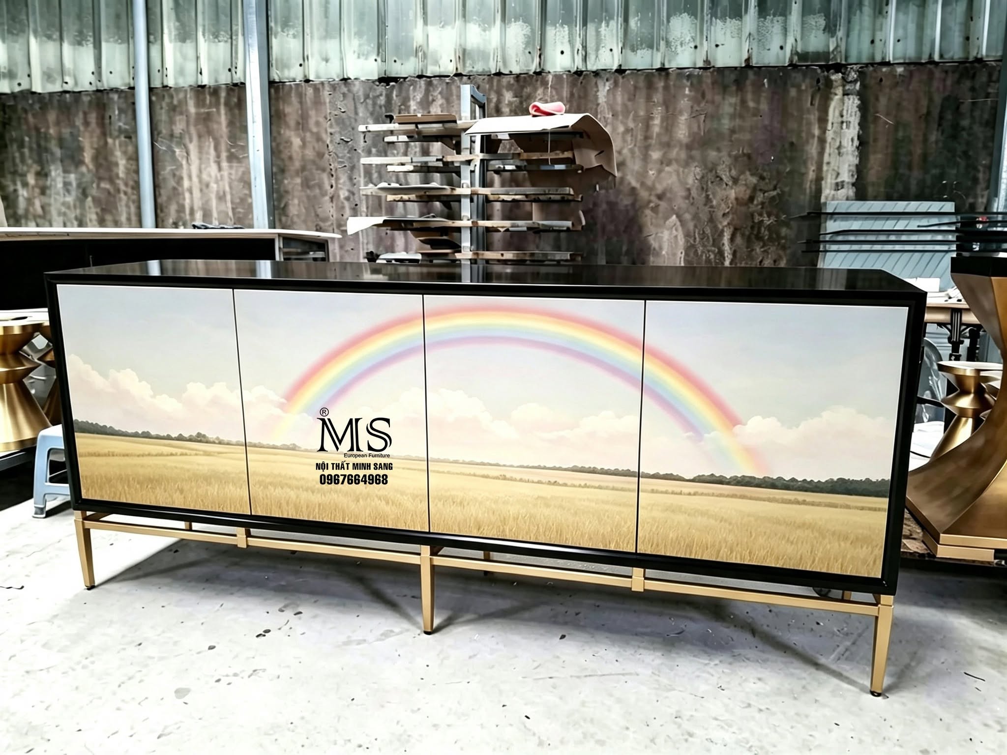 Tủ console vẽ đồng lúa chín và cầu vồng sau mưa – Nội thất Minh Sang