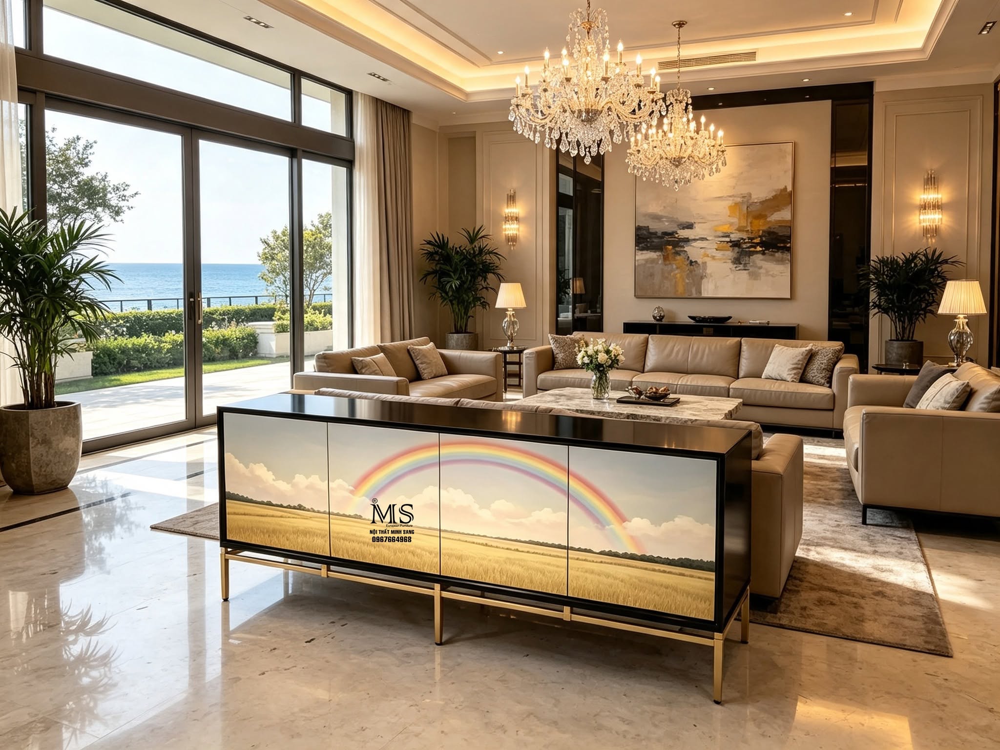 Tủ console vẽ cầu vồng sau mưa giữa cánh đồng