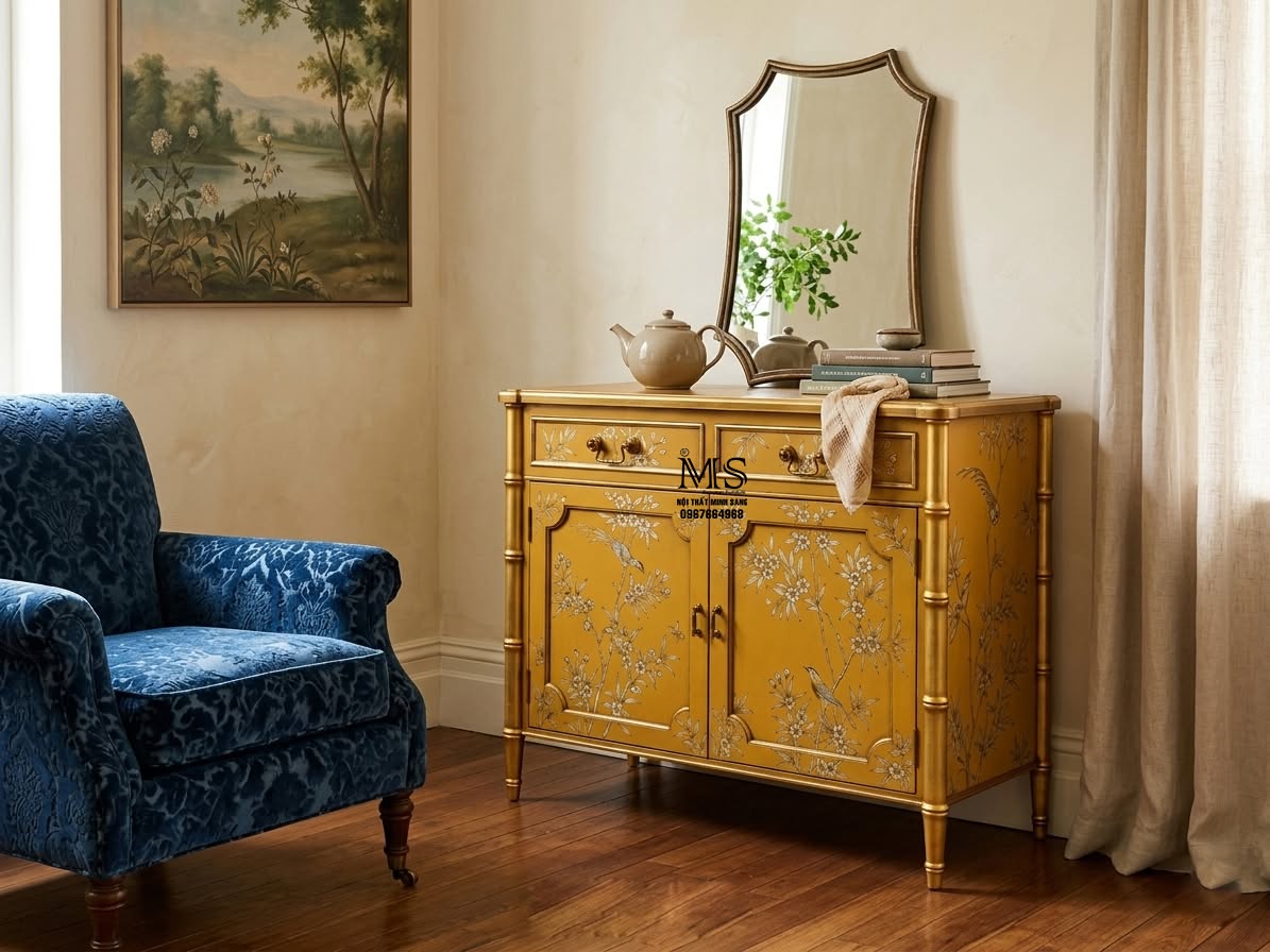 Tủ sideboard sơn vàng vẽ nét bạc cao cấp cho phòng khách biệt thự
