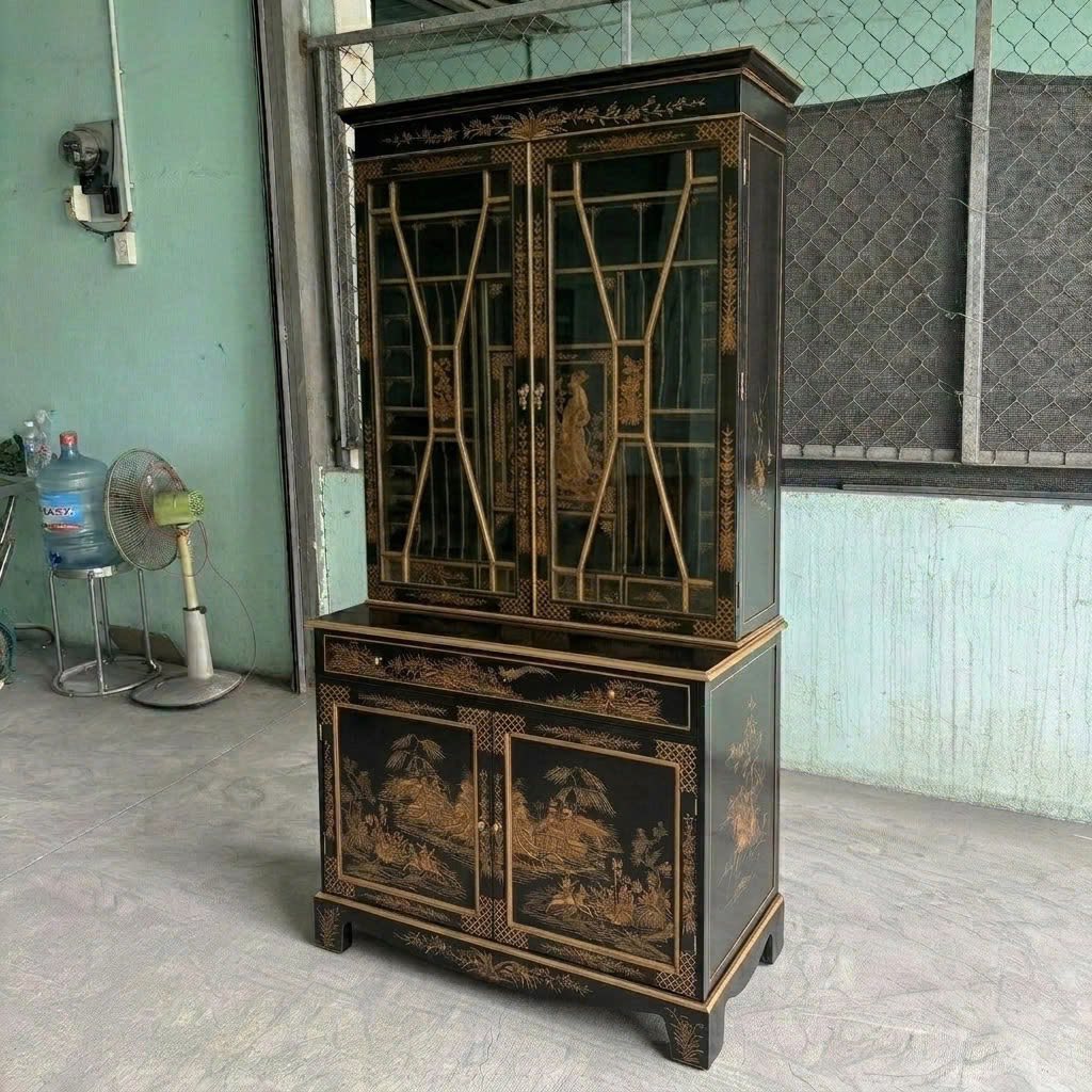 Tủ trưng bày chinoiserie vẽ cổ kính ốp kiếng cửa cao cấp